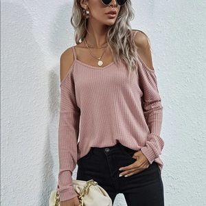 Waffle knit cold shoulder long sleeve top pink